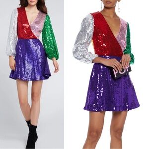 ALICE + OLIVIA Multicolor Colorblock Sequin Long Sleeve V Neck Blaze Mini Dress
